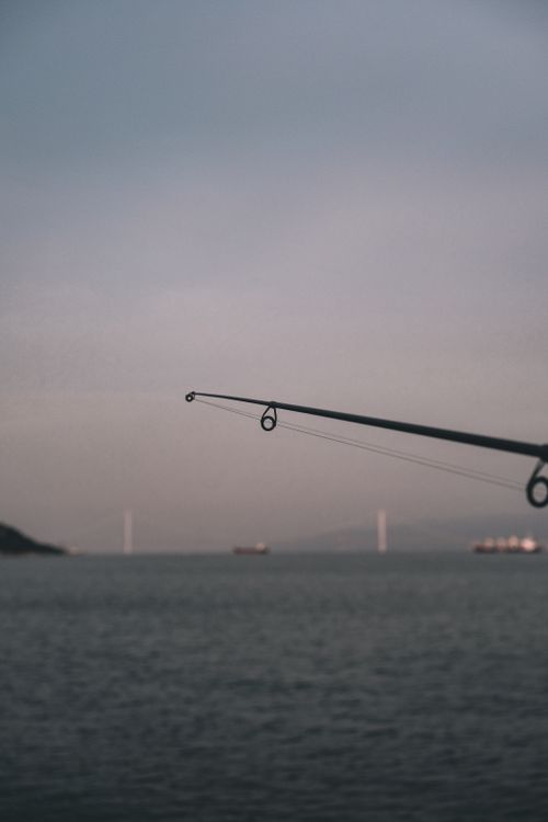 Free A peaceful fishing rod silhouette over a tranquil sea horizon at sunset, capturing leisure and calm. Stock Photo
