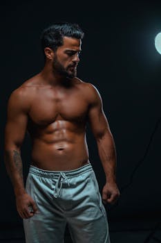 Shirtless muscular man posing against a black background in a professional studio setting.