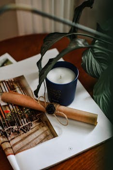 Charming interior scene with a candle, plant, and magazine on a wooden table in Kütahya, Türkiye.