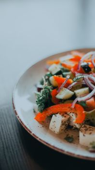 Colorful vegetable salad with feta cheese and herbs on a ceramic plate, ideal for healthy eating concepts.