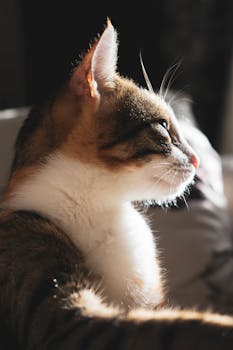 一只平静的虎斑猫在室内沐浴着温暖的阳光，特写镜头非常适合宠物爱好者