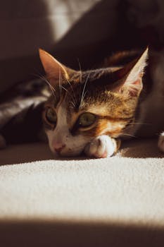 特写镜头中，一只虎斑猫在室内享受着阳光，展现出它机敏的眼睛和放松的姿态