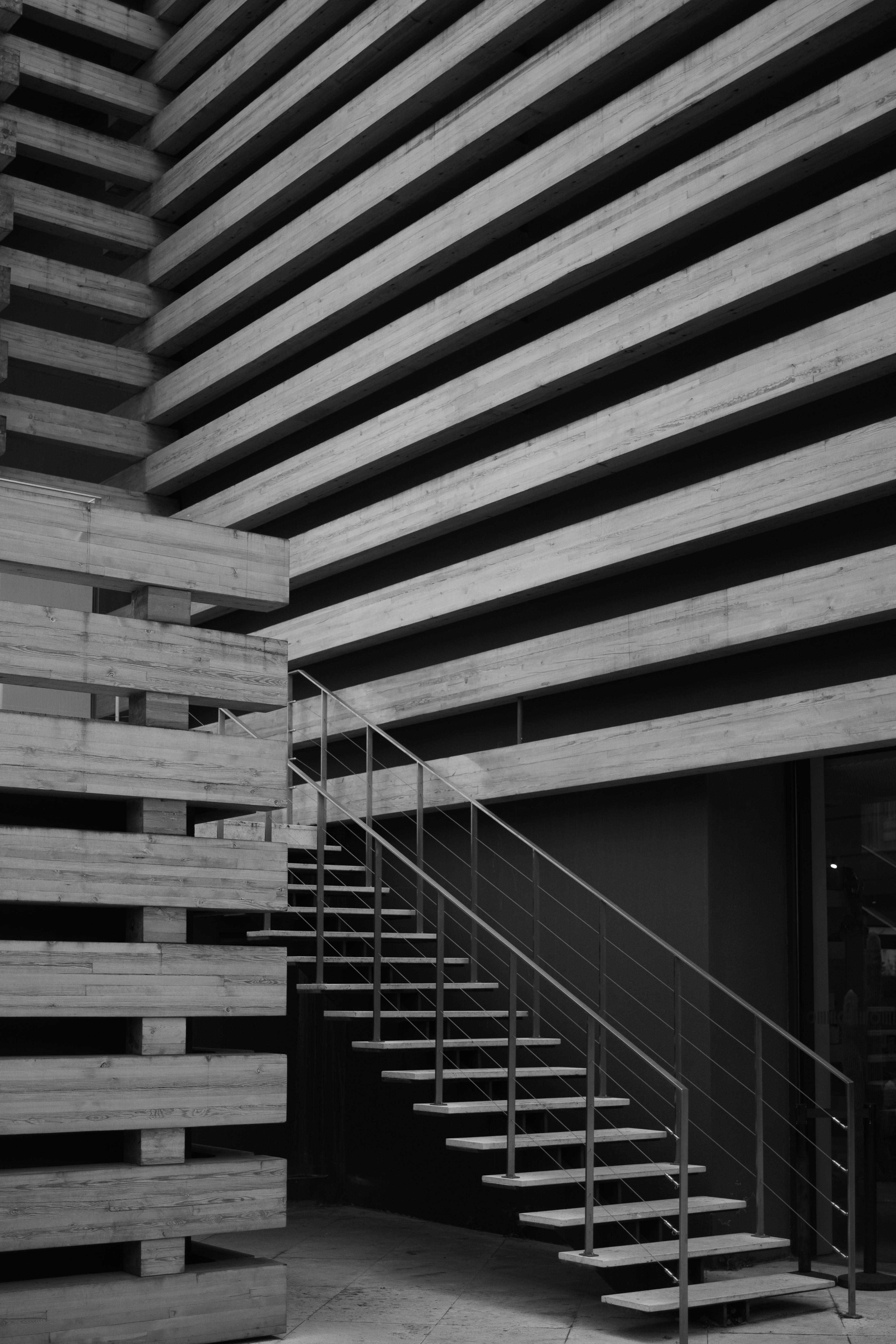 Black and white photo of Odunpazarı Modern Museum architecture in Eskişehir with staircase.