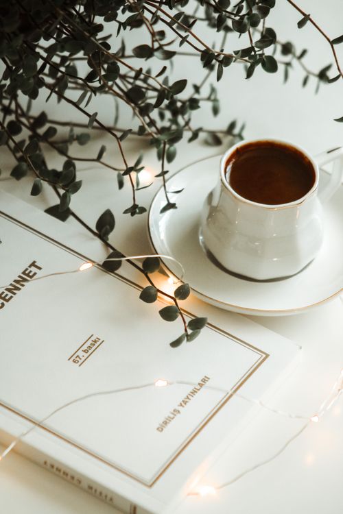 Free Warm still life featuring a coffee cup, book, and plant on a table. Stock Photo