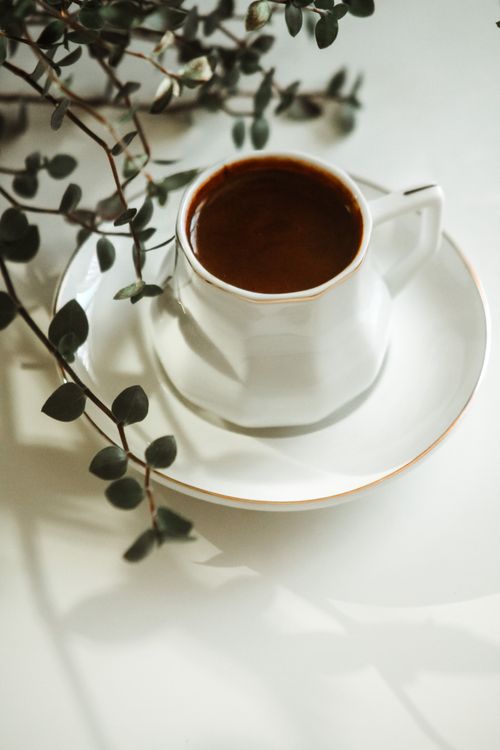 Free A close-up of a coffee cup with surrounding leaves on a white plate, creating a serene atmosphere. Stock Photo