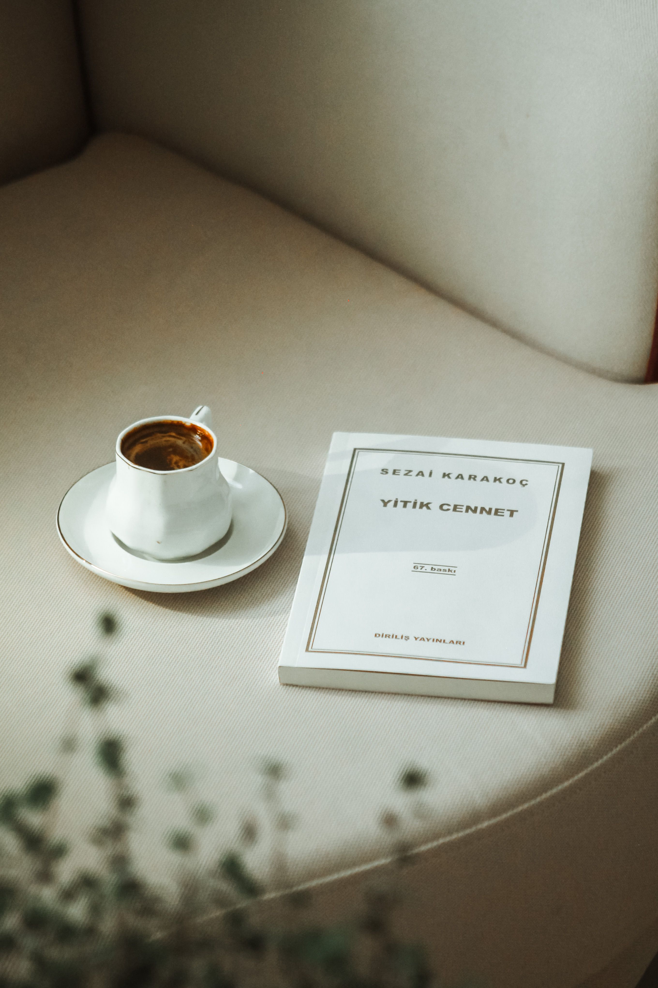 A cozy interior featuring a coffee cup and book on a sofa, perfect for relaxation.