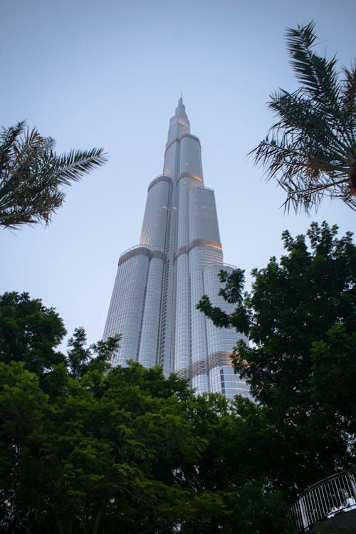 Low Angle Shot of Burj Khalifa seen between Trees, Dubai, UAE