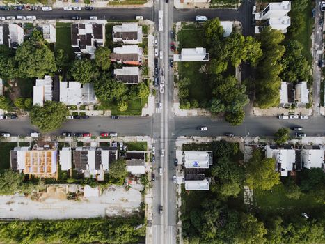 Aerial view of a residential neighborhood intersection in Philadelphia, PA.