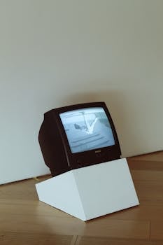A classic vintage CRT television set on a minimalist modern stand in a sparsely decorated room.