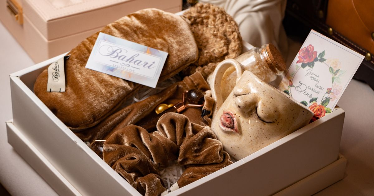 Self-care gift box with handmade ceramic mug, velvet scrunchie, and sleep mask