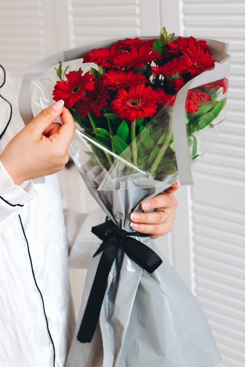 Woman Holding a Bouquet of Red Gerberas 