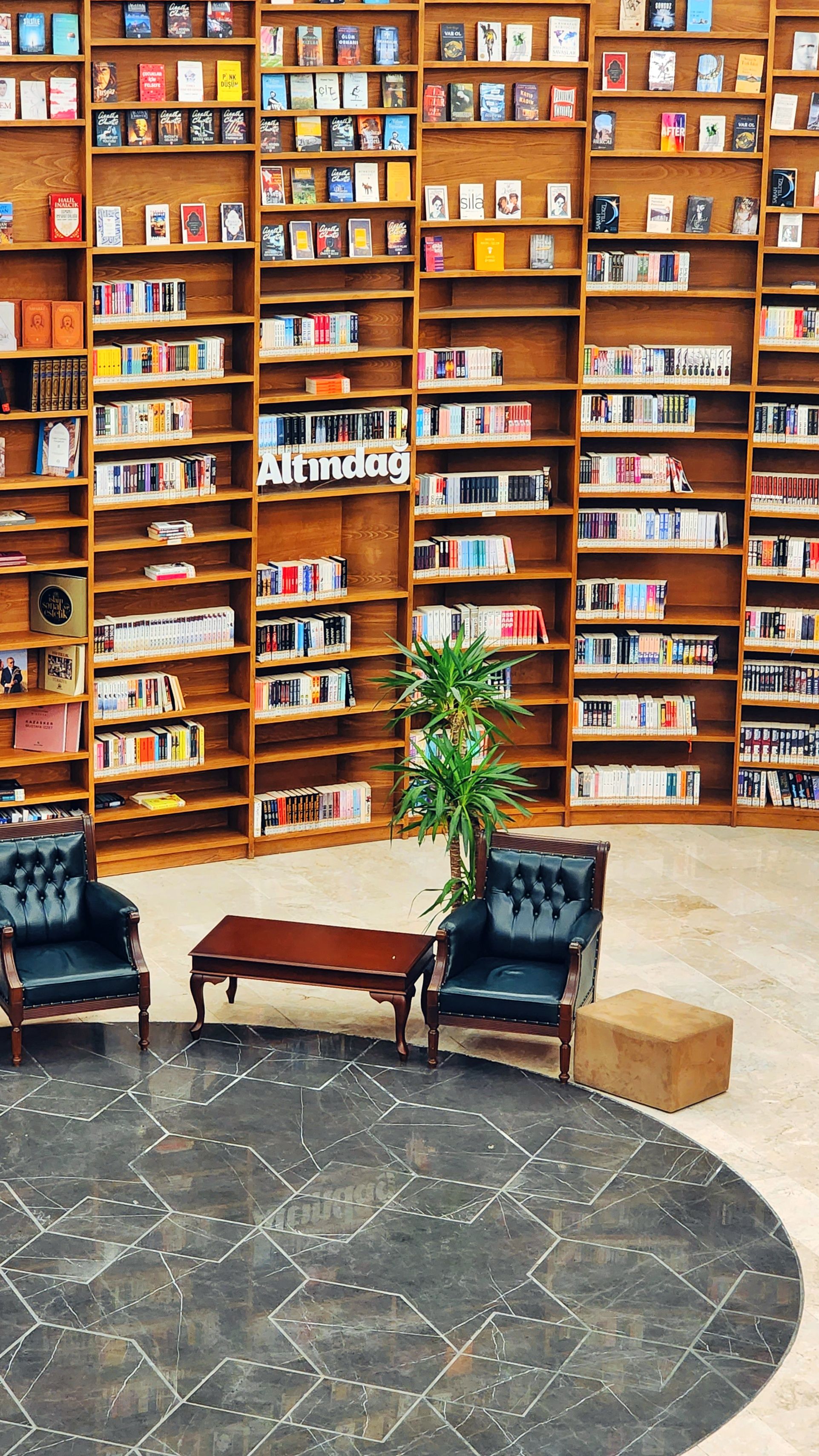 Elegant library interior featuring a circular bookshelf and comfortable seating area, ideal for reading.