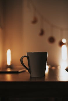 A warm, intimate scene with a coffee cup on a table, perfect for cozy evenings.