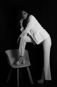 Dramatic black and white portrait of a woman posing elegantly in a studio setting.