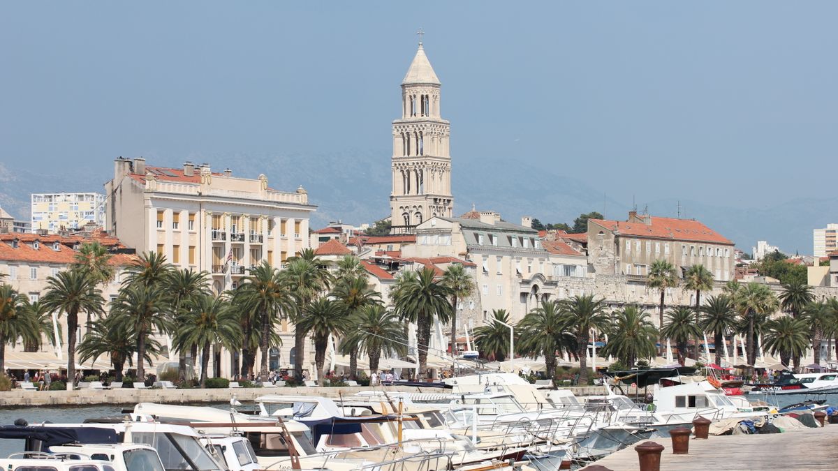Split marina with palm trees and boats along the Riva promenade