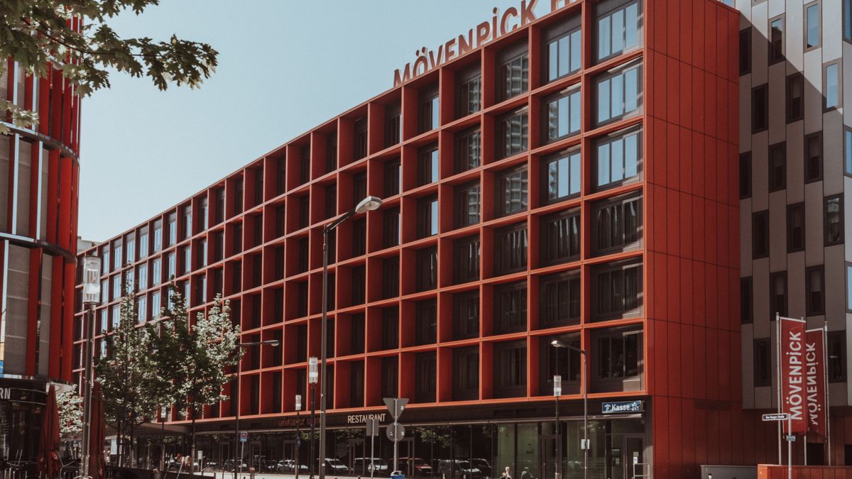 The contemporary geometric facade of a modern city hotel