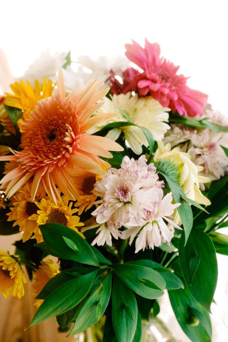 Beautiful close-up of a colorful and vibrant bouquet featuring various flowers with lush green leaves.