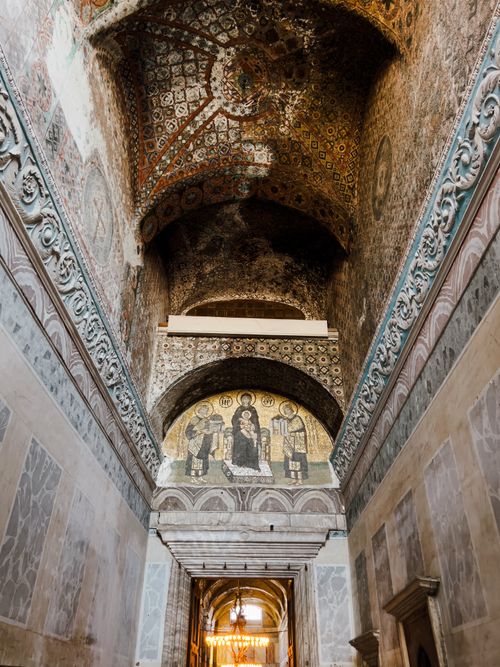 Free Stunning view of the decorative arches and mosaics inside Hagia Sophia in Istanbul. Stock Photo