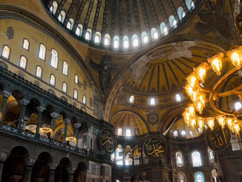 Free Stunning interior view of Hagia Sophia showcasing its beautiful architectural details and historic charm. Stock Photo