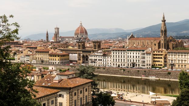 Panoramic view of Florence's historic skyline featuring Santa Maria del Fiore and Arno River.