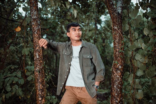 A man standing in the woods wearing a jacket