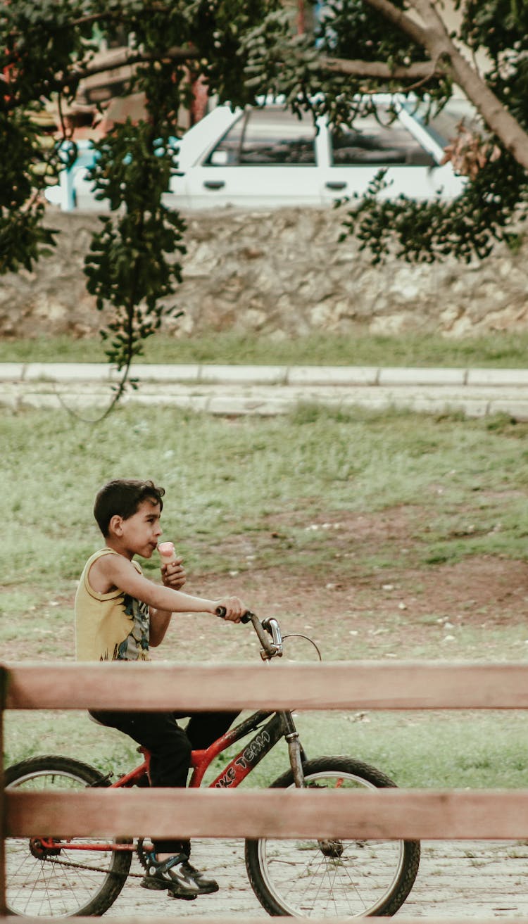 Boy Riding A Bicycle And Eating Ice Creams