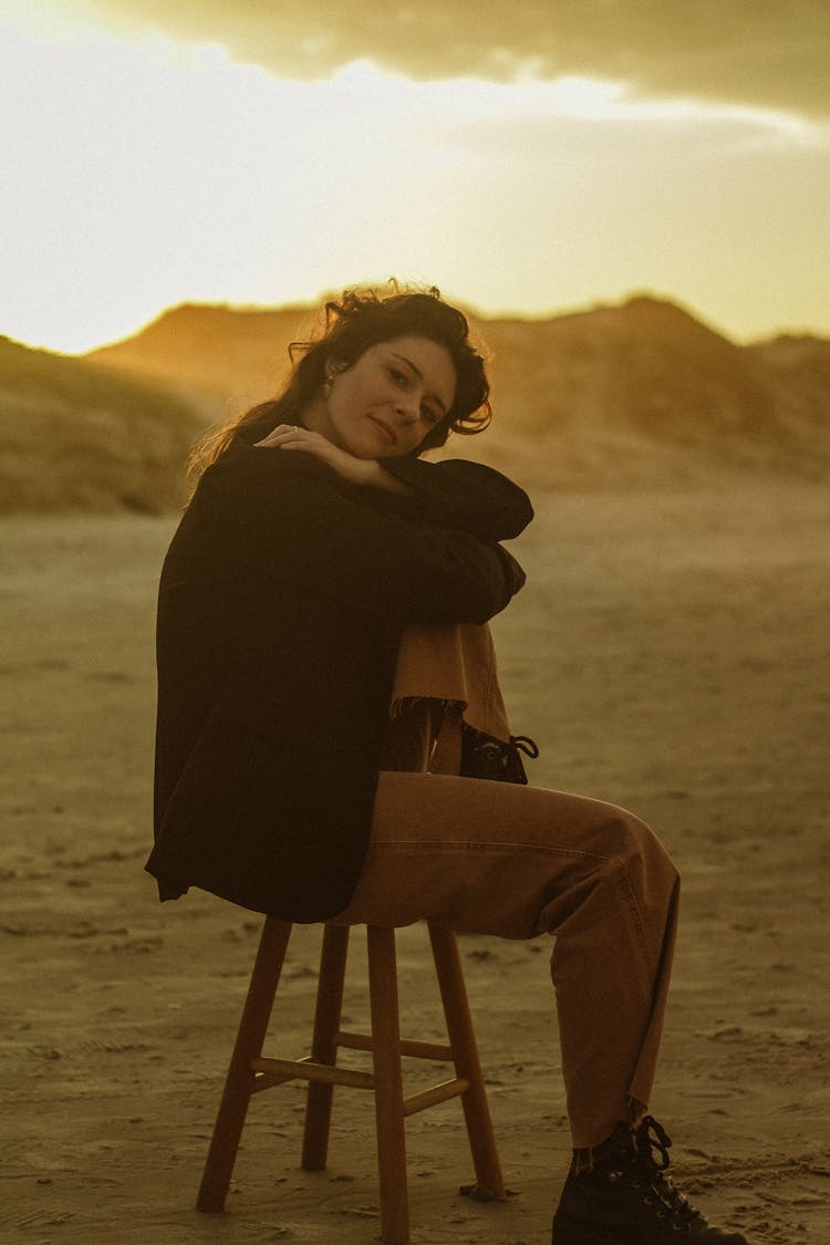 Brunette In Blazer An Pants At Sunset