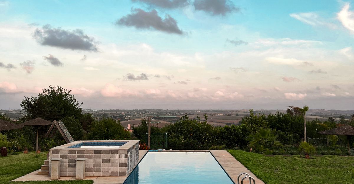 Luxury swimming pool with lush garden view and expansive sky, perfect for relaxation.