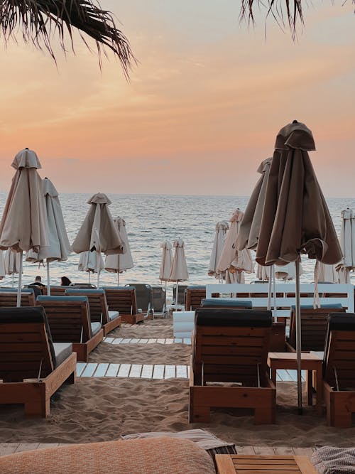 Folded Umbrellas at a Beach Restaurant 