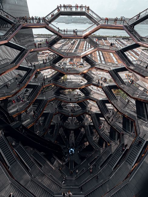 Stunning view of the Vessel's honeycomb structure at Hudson Yards, NYC, showcasing urban architectural design.