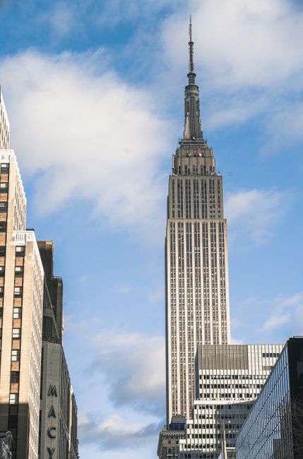 The iconic Empire State Building soaring into a clear blue sky in New York City.