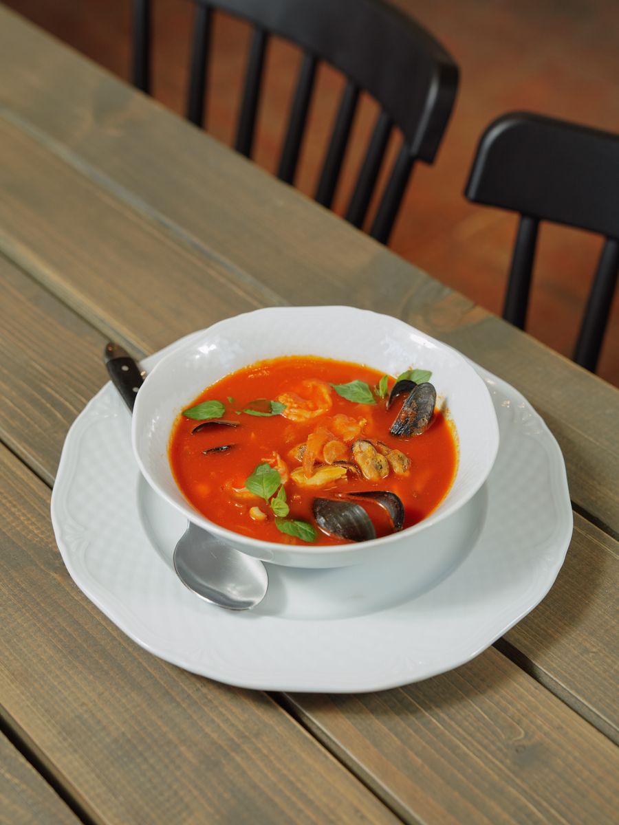 A bowl of Mediterranean seafood soup