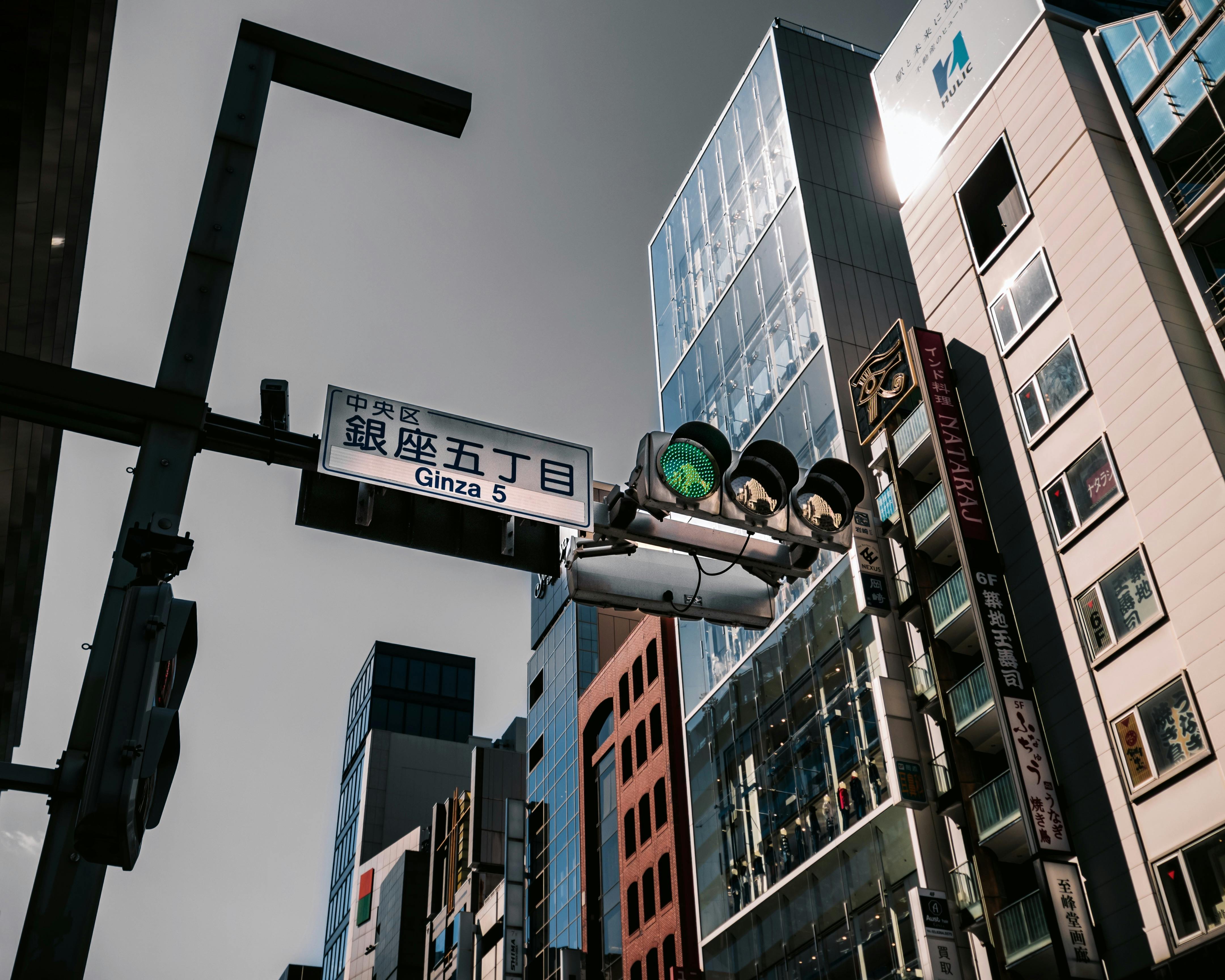 Urban scene at Ginza 5 in Tokyo showing skyscrapers and traffic lights under a clear sky.