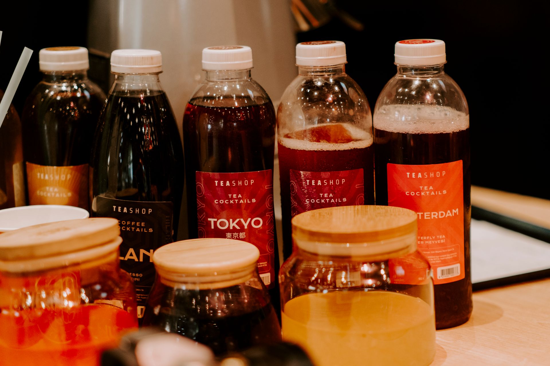 Bottled tea drinks arranged for service