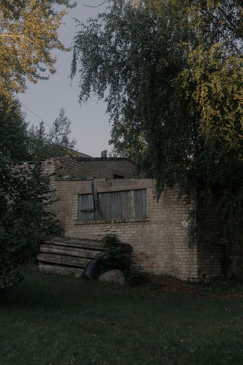 Free An old brick house with boarded windows surrounded by lush greenery and overgrown trees in a rural setting. Stock Photo