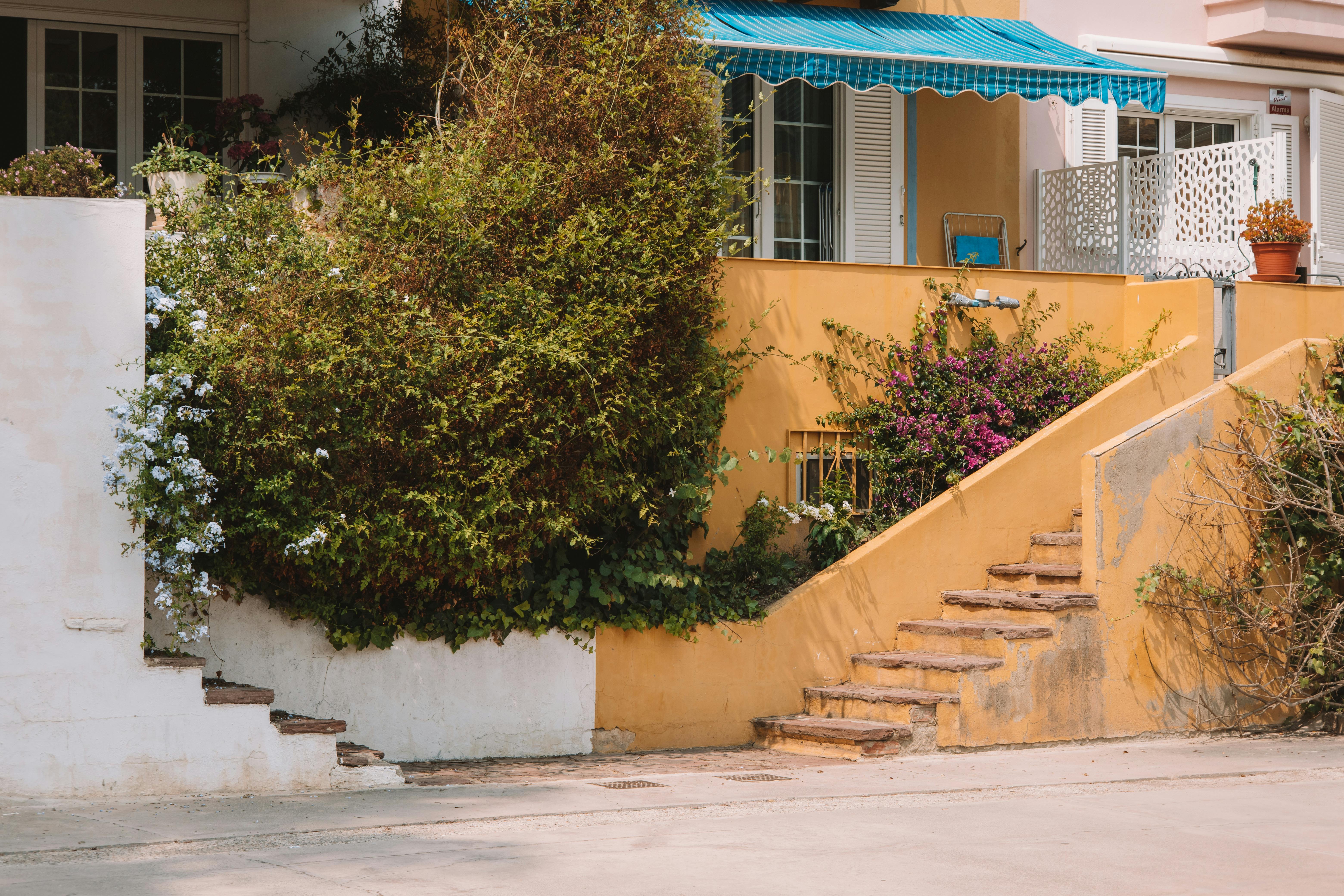 A picturesque Mediterranean-style house in Valencia, Spain, featuring colorful walls and lush greenery.