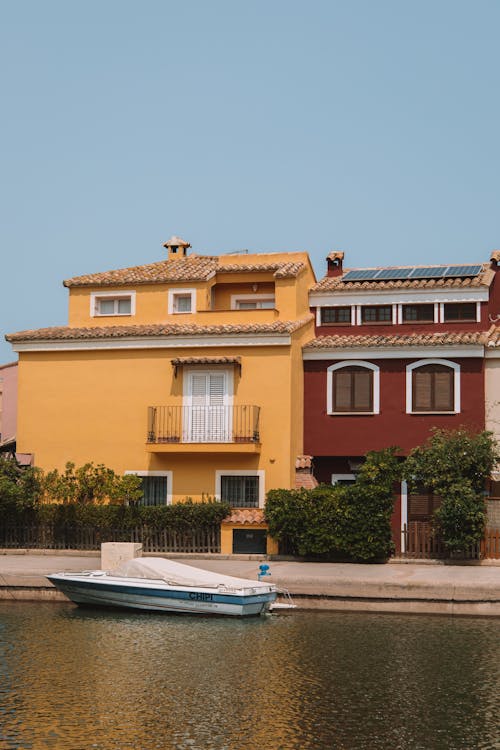 Motorboat Moored near Houses in Town