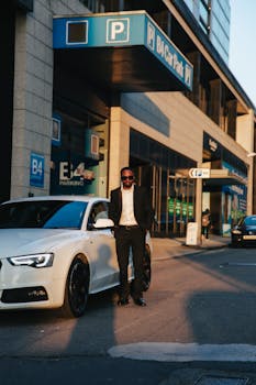 A fashionable man in a suit with sunglasses stands by a luxury car in a sunlit urban area, exuding style.