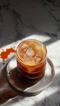 A refreshing glass of iced coffee on a marble table, with dramatic sunlight.