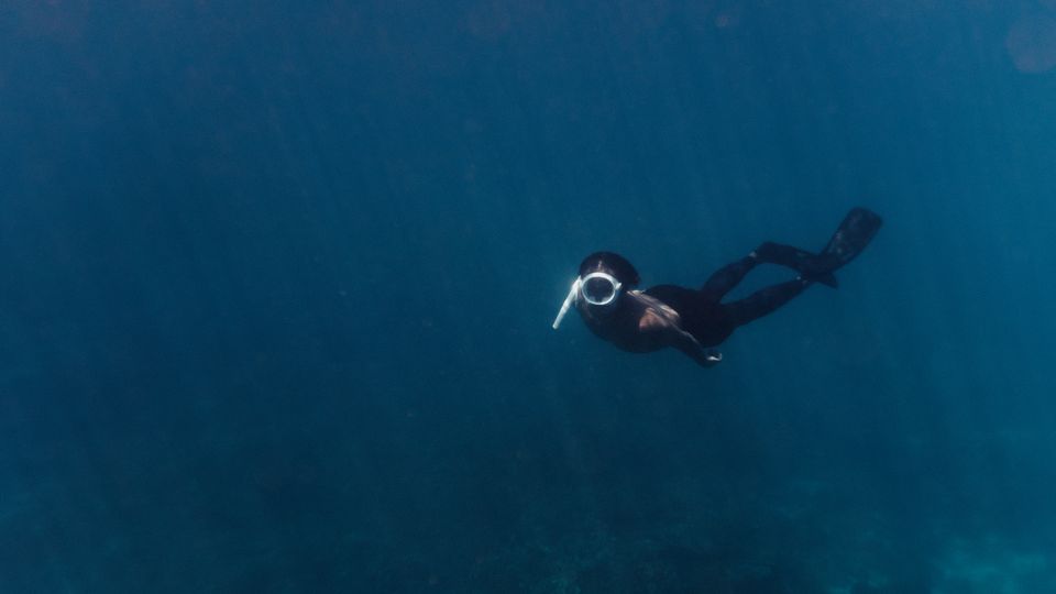 Un subacqueo esplora il profondo oceano blu, catturando l'essenza dell'avventura e dell'esplorazione subacquea.