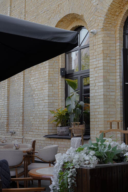 Outdoor Restaurant Tables by Window Decorated with Potted Plants