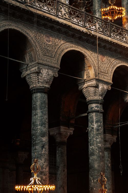 Free Detailed view of Hagia Sophia's ornate Byzantine columns in Istanbul, Turkey. Stock Photo