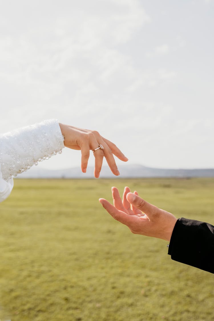 Hands Approaching Against Meadow