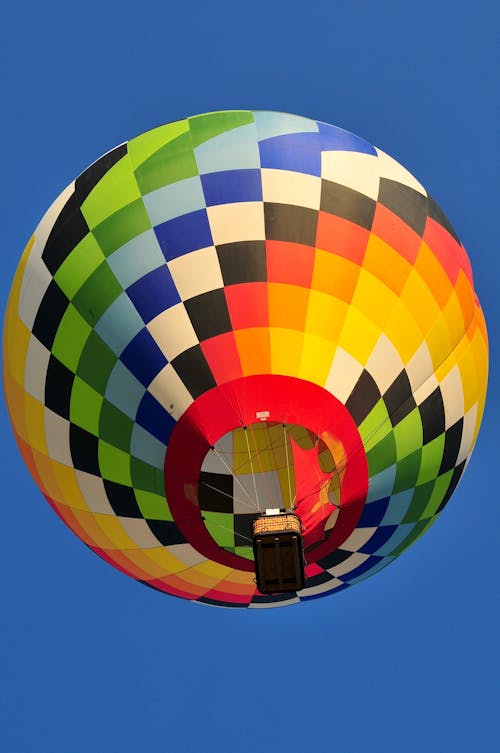 A colorful hot air balloon with a checkered pattern