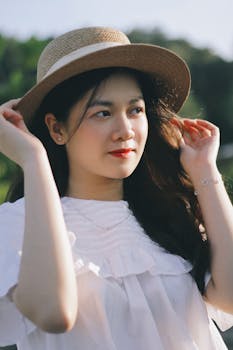 Portrait of a young woman wearing a fashionable hat in a serene outdoor setting with natural lighting.