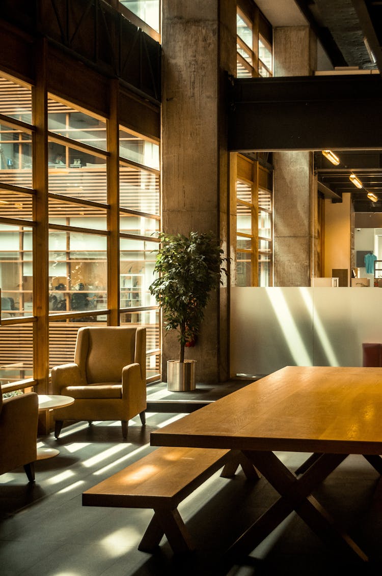 Wooden Furniture In A Modern Cafe