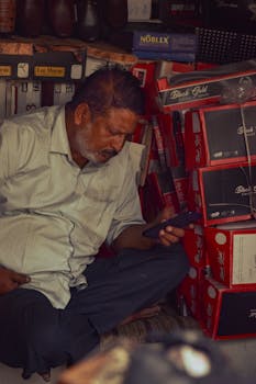 A man in a small shoe shop uses a smartphone, surrounded by stacked boxes.