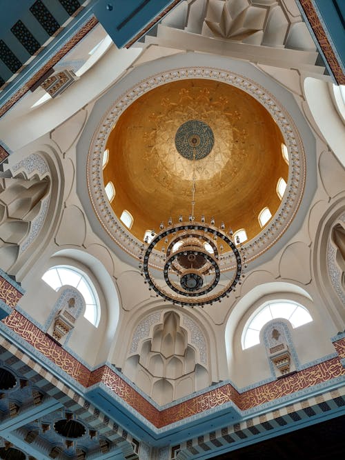 Ornate Ceiling and Chadelier of the Masjid Sri Sendayan, Seremban, Malaysia