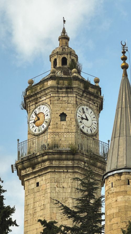 Free Close-up of the historic clock tower in Tokat, showcasing neogothic architecture. Stock Photo