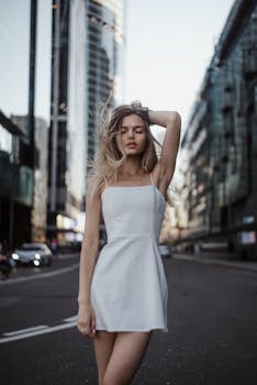 Stylish woman in a white dress poses confidently on a bustling city street.
